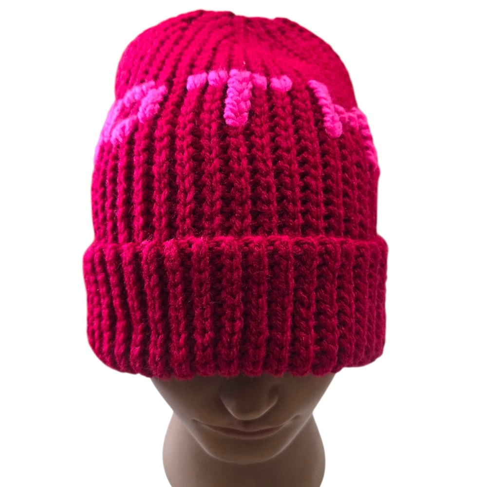 "NO THX" Red/Pink, Knit-look 90s beanie, Handmade By Me, Hand Embroidery,